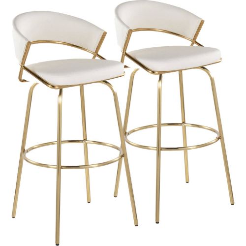 Jie 30" Swivel Bar Stool in Gold & White Leatherette w/ Round Metal Footrest (Set of 2)